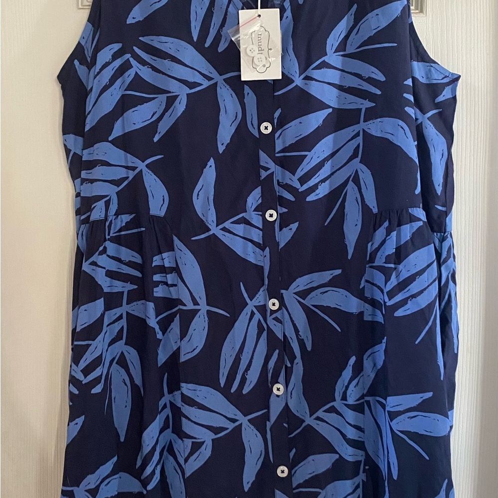 Mud Pie Navy Blue Leaf Print Button-Front Dress